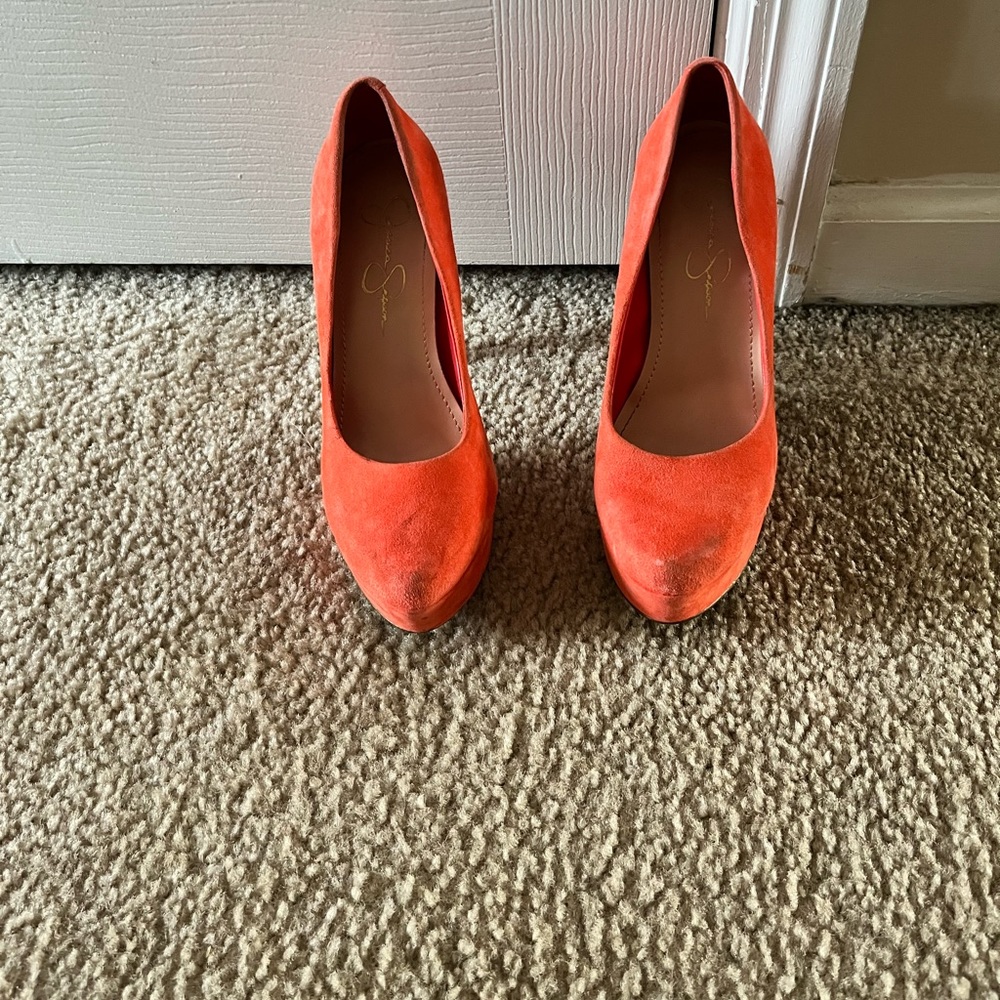 Jessica Simpson, suede, close-toed heels. Peach colored. Size 6 (women’s)